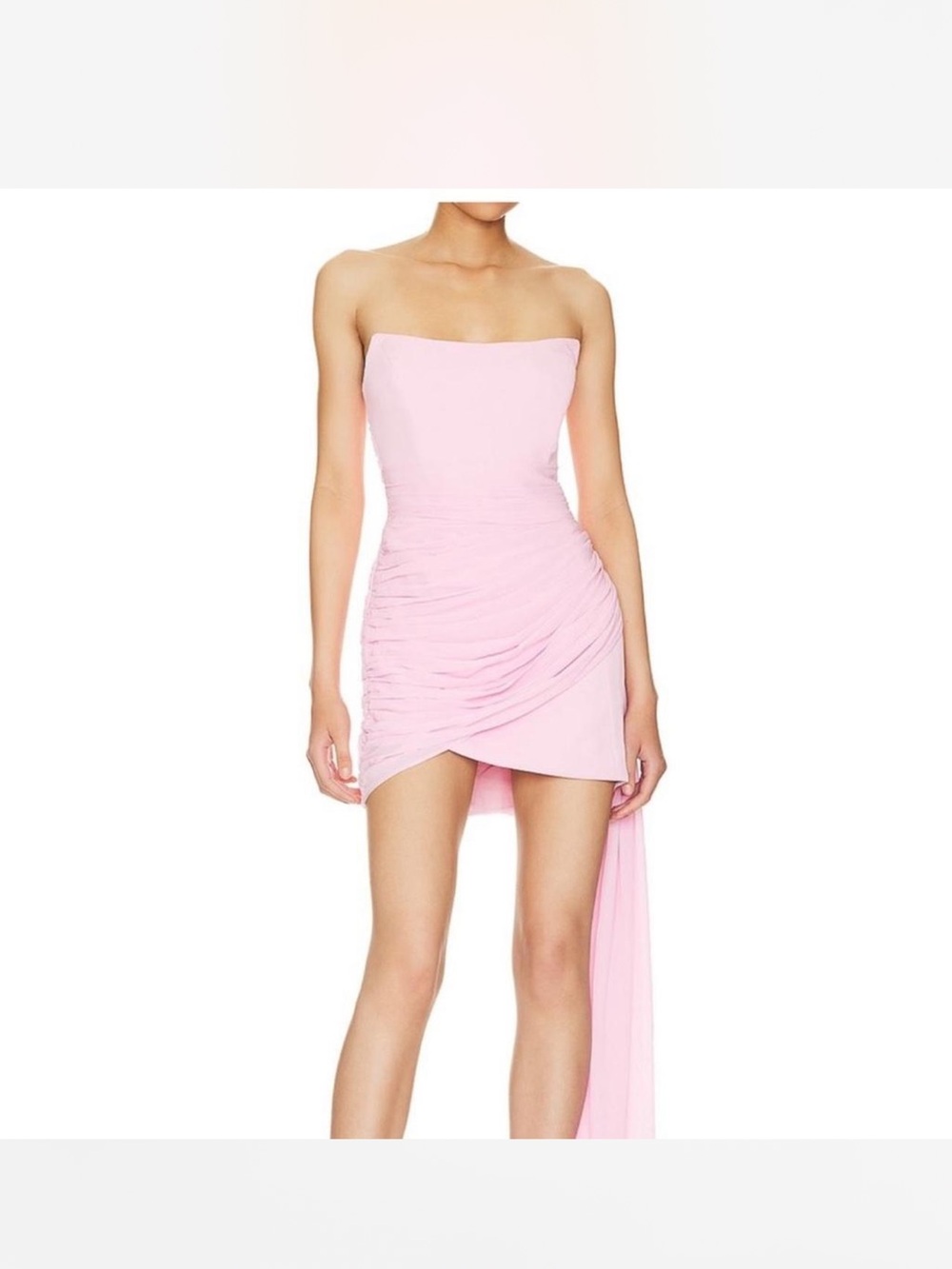 Strapless Ruched Mini Dress in Soft Pink with Draped Tail